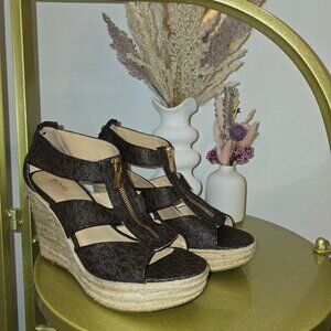 Michael Kors Damita Wedge Sandals, Size 10, Brown Signature Logo